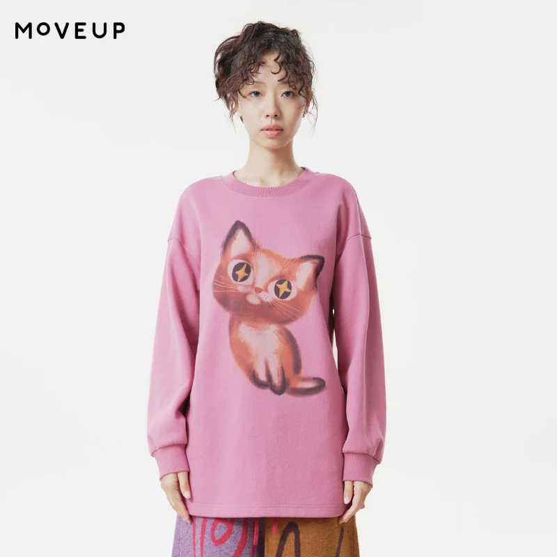 MOVEUP Women's Cute Cat Print Long Sleeve Tees 2026 Autumn Round Neck Elastic Cuff Loose Tops Casual Pullover T-shirt 3ELQ10586