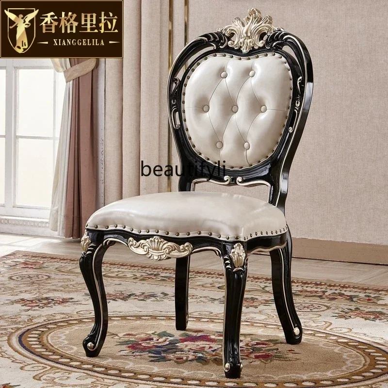 32European dining chair all solid wood double-sided carved dining chair dining room study first layer cowhide back chair