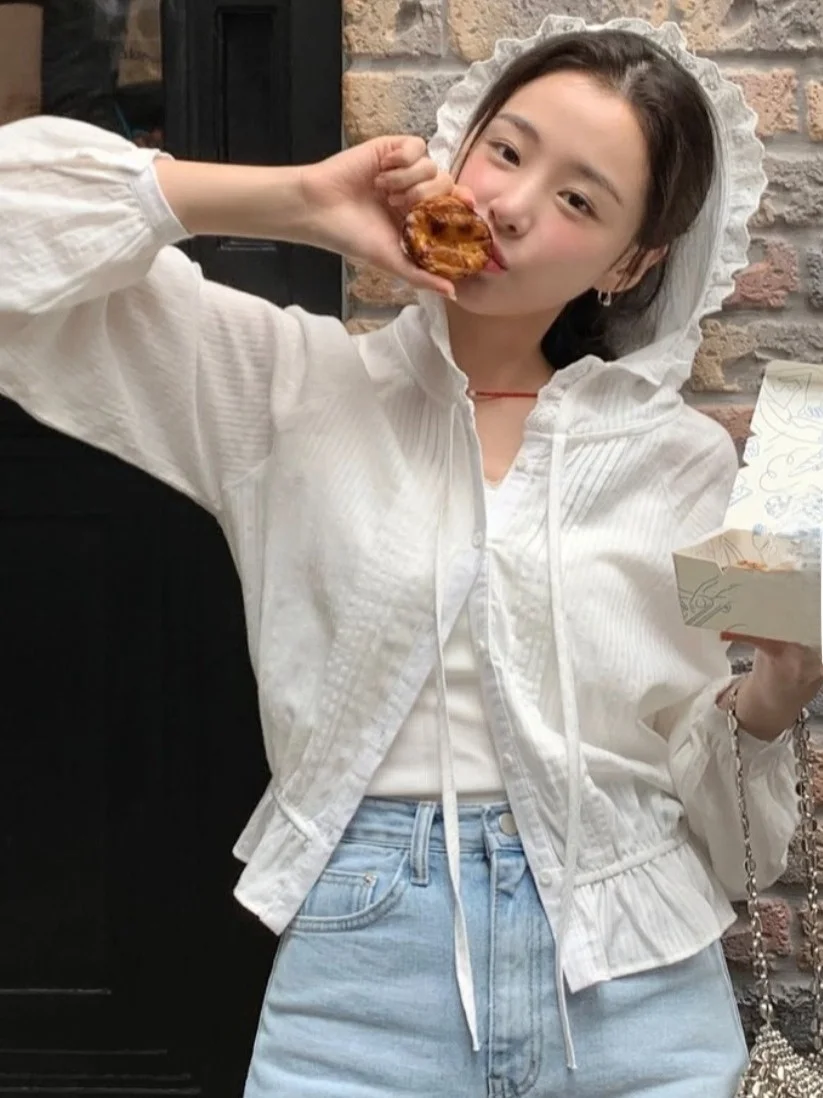 달콤한 여름 새로운 스타일 세련된 프릴 밑단 짧은 민소매 셔츠 허리 Cinching 긴 소매 태양 보호 탑 여성용