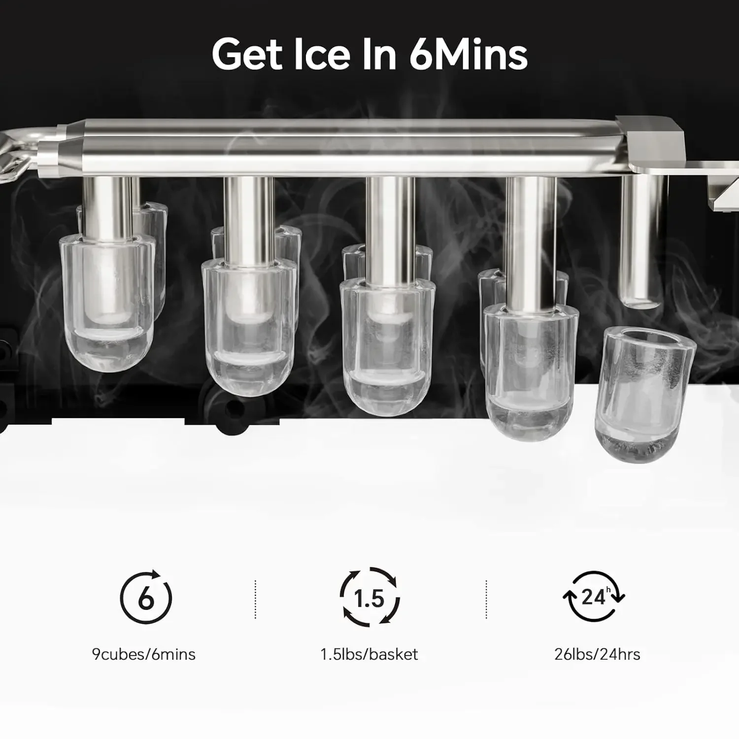 Efficient Self-Cleaning Ice Maker with Handle for Countertop, Produces 26Lbs of Ice in 24Hrs, 9 Cubes Ready in just 6 Mins, Incl