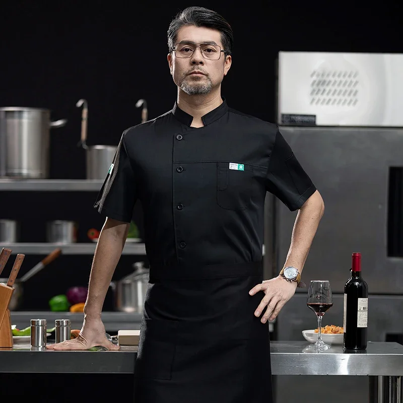 Chaquetas de Chef de manga corta para cocina, uniforme de Chef para restaurante, camisa con logotipo personalizado, servicio de panadería, vestido de Chef transpirable, delantal blanco para hombres