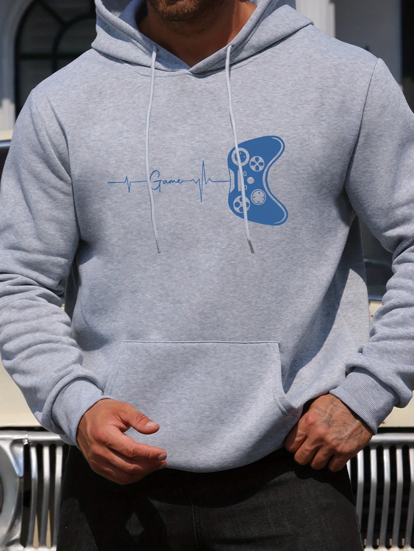 Men Oversized Pullover Hoodie Game Controller Heartbeat Chest Print Gamer Streetwear Long Sleeve Fleece Sweatshirt Autumn Winter