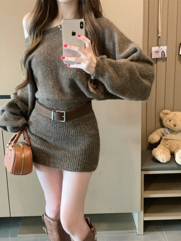 

Белый свитер Harajuku, юбка-русалка для женщин, пояс на одно плечо, вязаные пуловеры, трикотаж с длинными рукавами, зимняя мини-короткая юбка