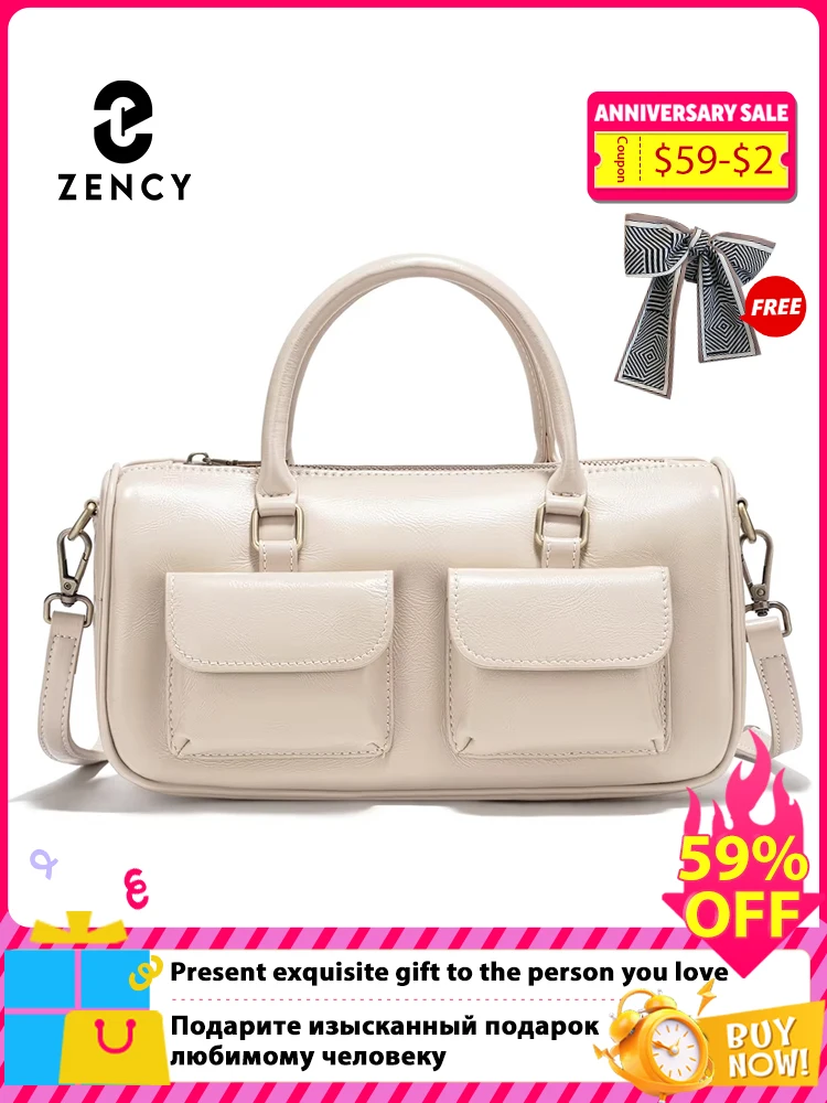 

Zency Apricot Cowhide Leather Design Handbag Women Shoulder Bag Multi-functional Crossbody Bags Front Pockets for Earphone