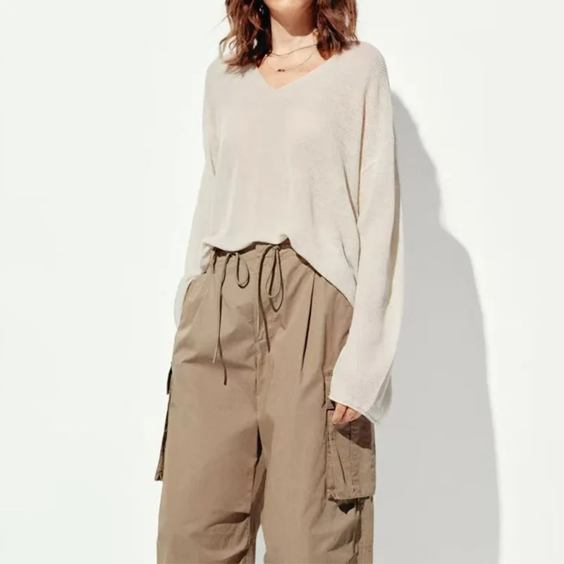 Camiseta larga holgada con aire acondicionado Sve V-Ne, Color puro, novedad de verano, Top de punto para mujer