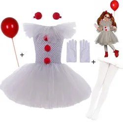 Gray Scary Joker Girls Halloween Costume Tutu Dress Creepy Clown Kids Carnival Party Cosplay Clothing Children Tulle Fancy Dress