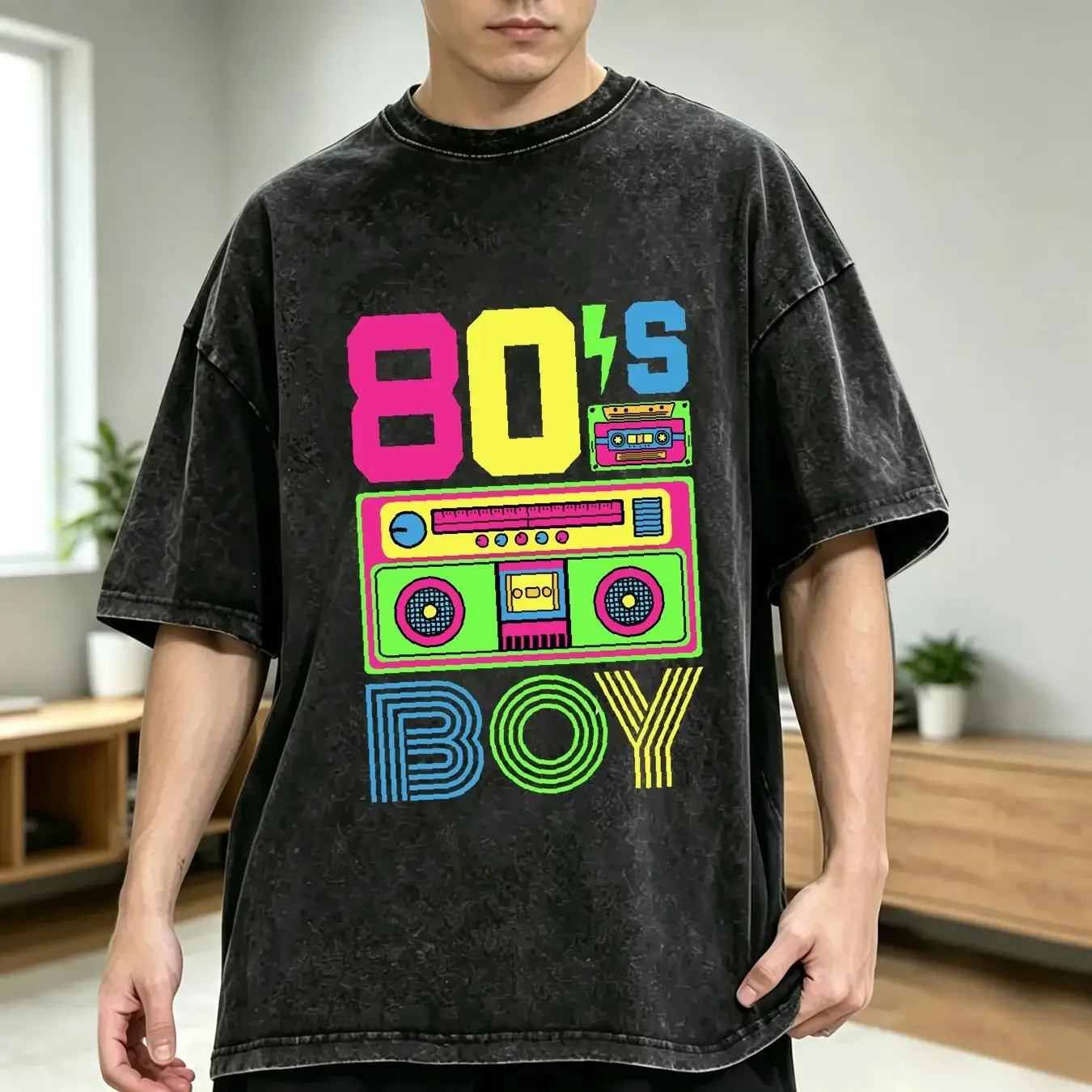 washed T Shirt 80's Boy Retro 80s Vintage Neon Party Outfit Lover s Eighties Style long or short sleeves vintage Washed