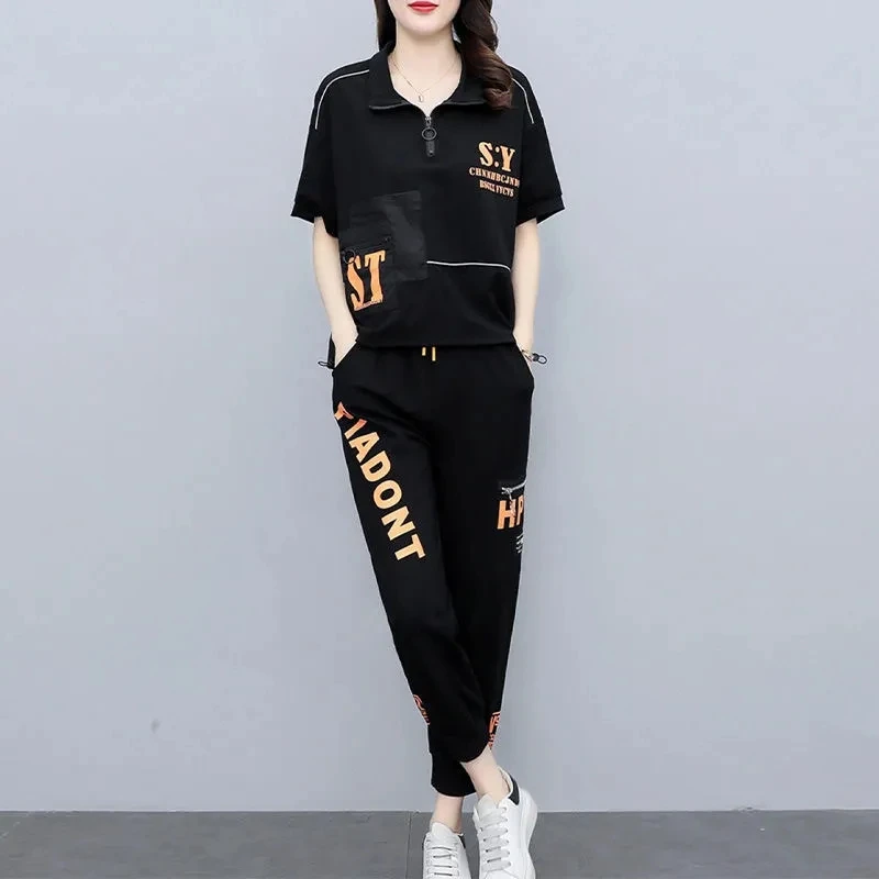 Women's 2024 Summer New Fashion Sports Suit Korean Style Loose Splicing Short Sleeve Tops Pencil Pants 2 Two Piece Set For Women