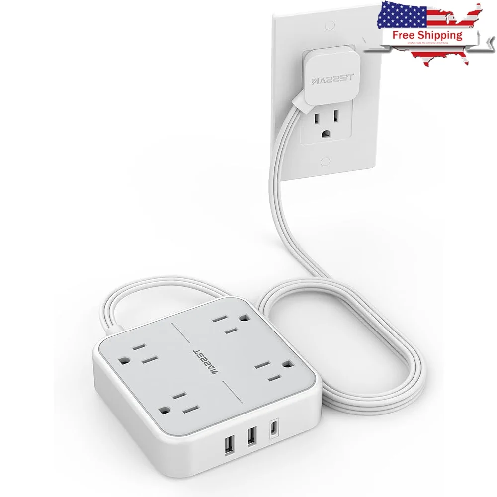 

5Ft Flat Plug Power Strip Surge Protector 4 Outlets 3 USB Ports USB C 900J Home Office Charging Solution