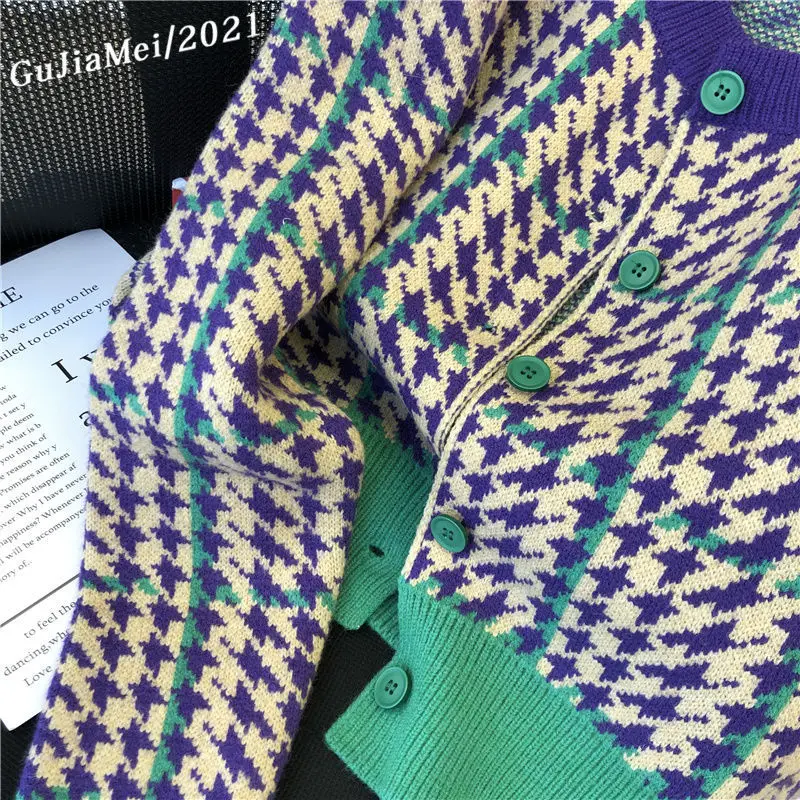 女性のための千の鳥のニットカーディガン,レトロなショートセーター,ヨーロッパの商品,秋と冬のトップス,ラウンドネック,新しいファッションアイテム,2023