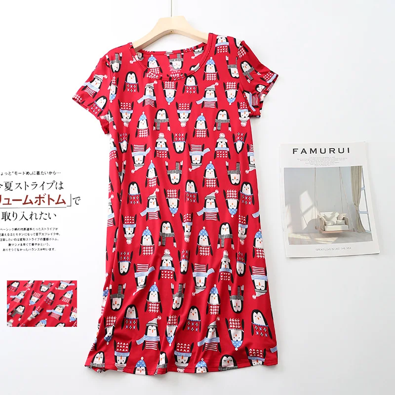 New Stretchy Knit Short Sleeve Nightdress Cartoon Print Sleepwear