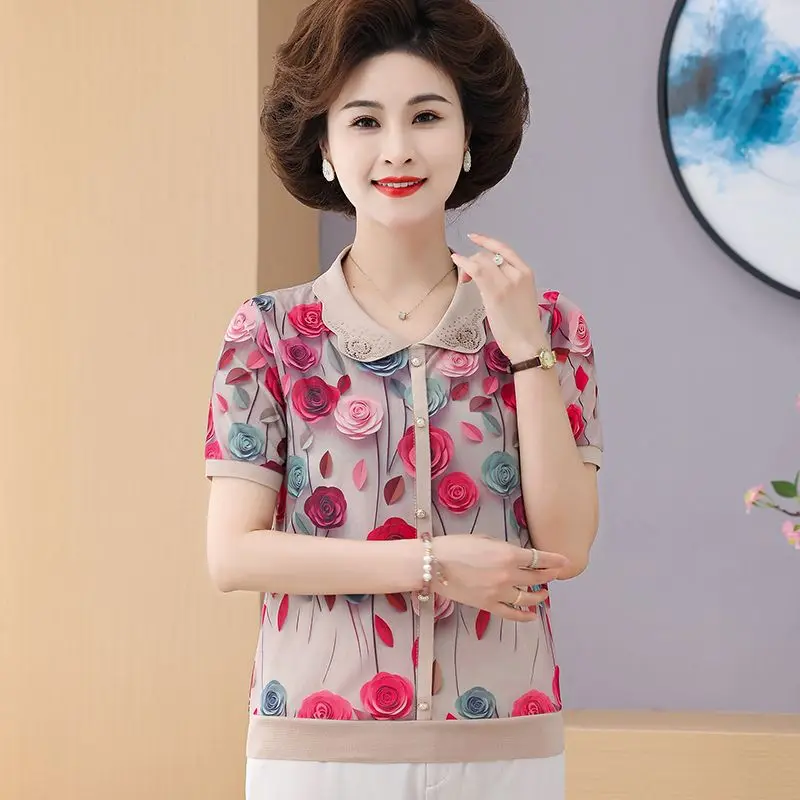 New Style Mother's Ice Silk Fashionable Lapel Short-sleeved T-shirt Middle-aged and Elderly Top Thin Shirt