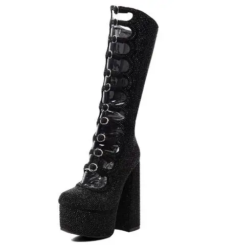 Women Full Crystal Rhinestone Platform Mid Calf Boots Hollow Out Multi Buckle Chunky High Heel Boots Party Knee High Boots