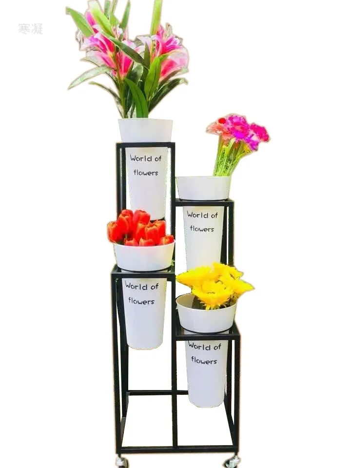 Nordic Multi-Layer Display Flower Bucket, balde de flores plásticas, escada, prateleira móvel, Flower Rack, Gold Plant Stand