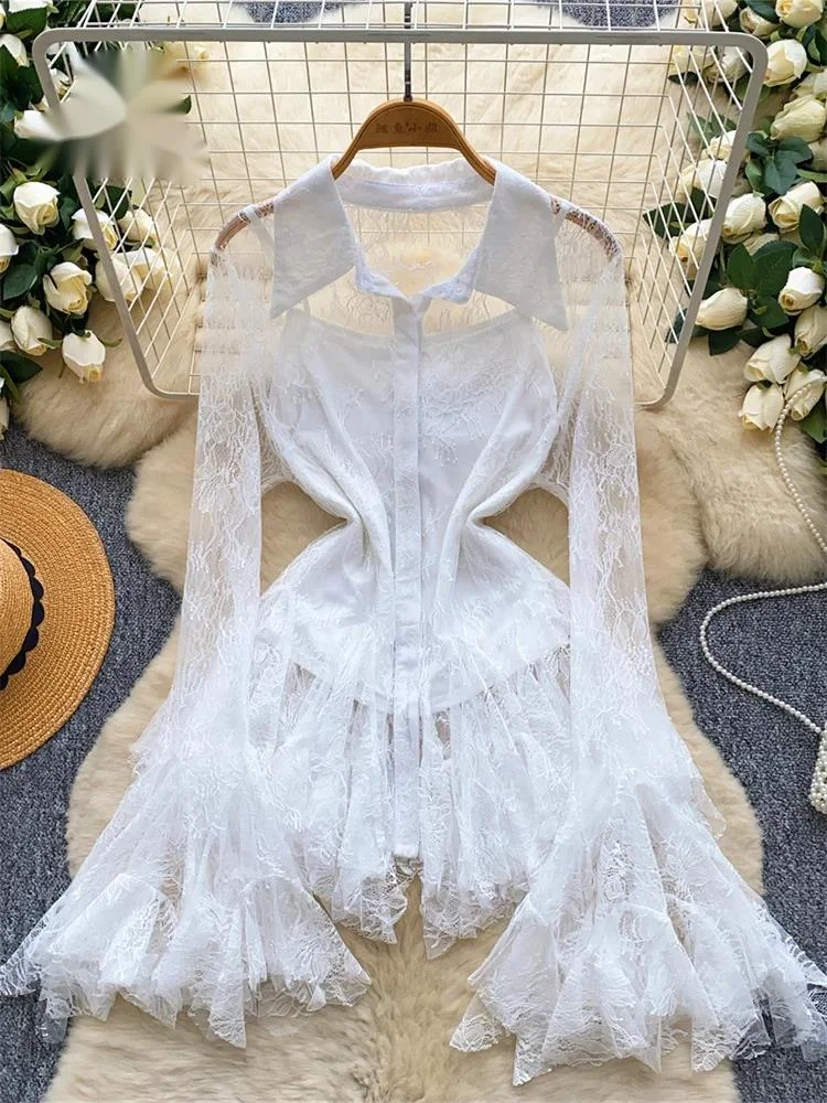 

American Ins Women Tops Suits Flared Sleeve Thin Sheer Lace Shirt+Basic Mini Camisole Newest Sexy Beachwear Blouses