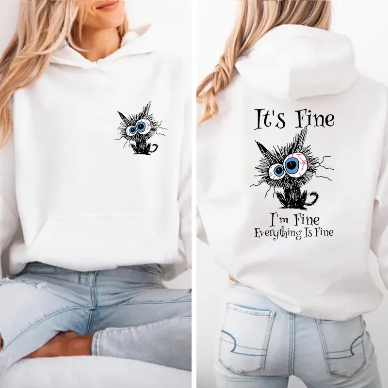 Damska bluza z kapturem Harajuku, polarowa bluza rozpinana, nadruk \"Everything Is Fine\", czarny kot, rozpinana bluza codzienna, odzież uliczna Y2k