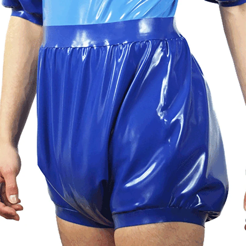Blue Sexy Short Puff Sleeves Latex Swimsuit With Diaper Zipper Rubber Body Suit Catsuit Zentai Romper Jumpsuits LTY-0337