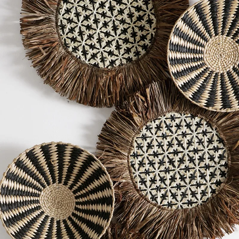 Handwoven Rattan Wall Decor Woven Straw Boho Nordic Rustic Wicker Hanging Art for Bedroom Entryway Unique Handicraft Home Art