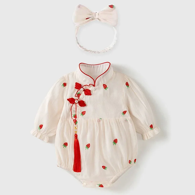 Autumn Newborn Girls Clothes Chinese Style Cute Strawberry Long Sleeve Princess Jumpsuits Baby Stuff Bodysuits & One-Pieces B333