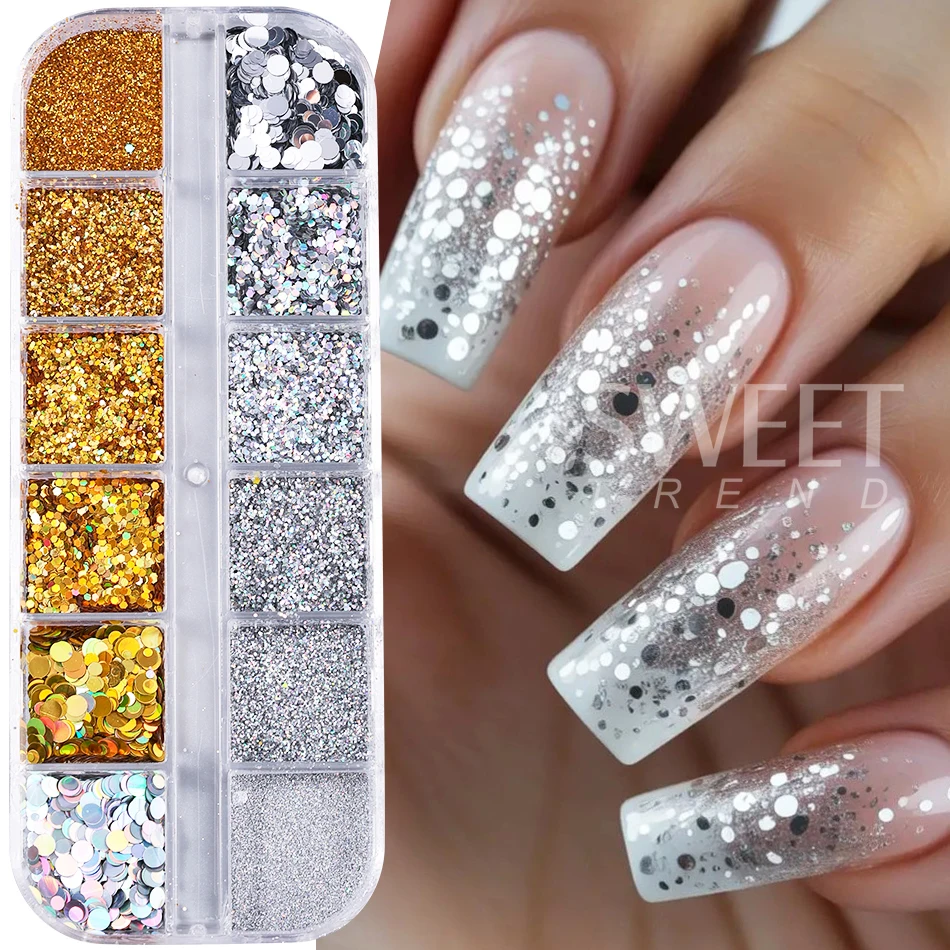 12 شبكة الذهب والفضة مسمار بريق مسحوق المجسم مختلط تألق جولة الترتر رقائق لامعة مانيكير اكسسوارات الديكور فلاش #2