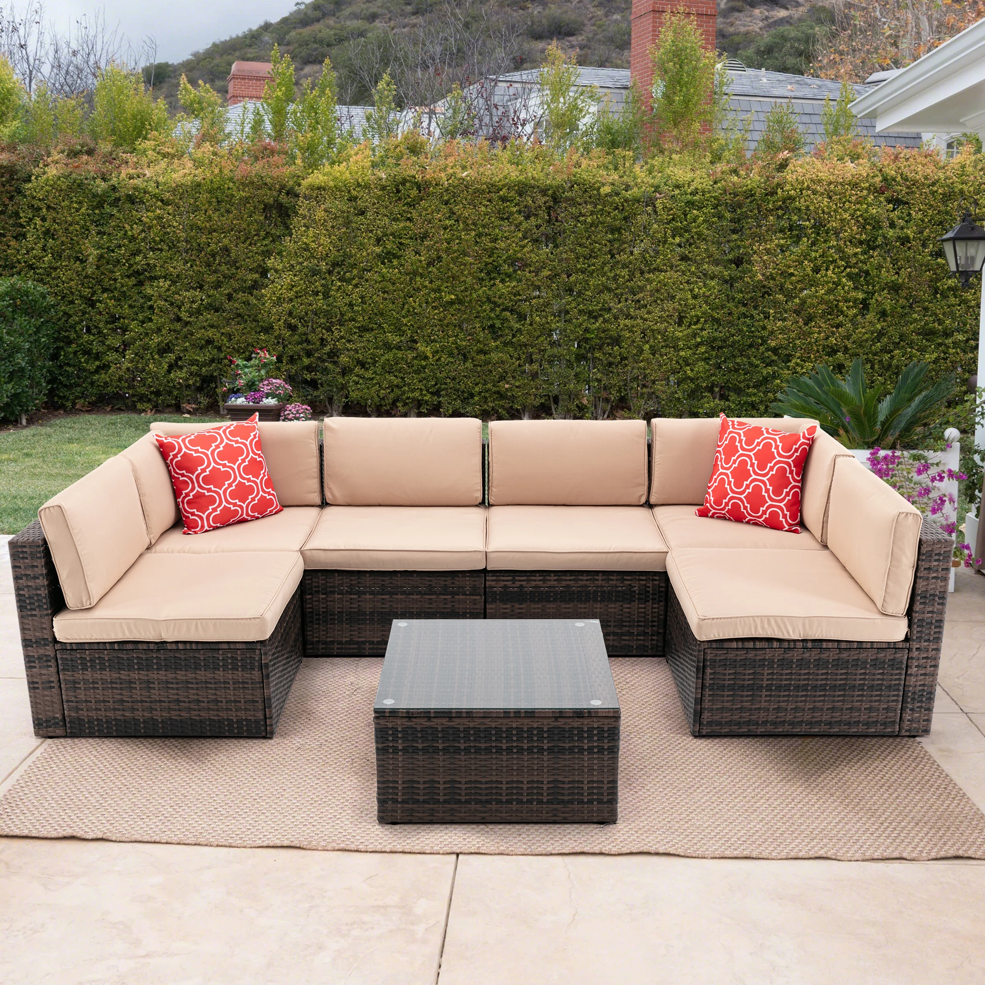 

7Pcs Outdoor Garden Patio Furniture PE Rattan Wicker Sectional Cushioned Sofa Sets with 2 Pillows