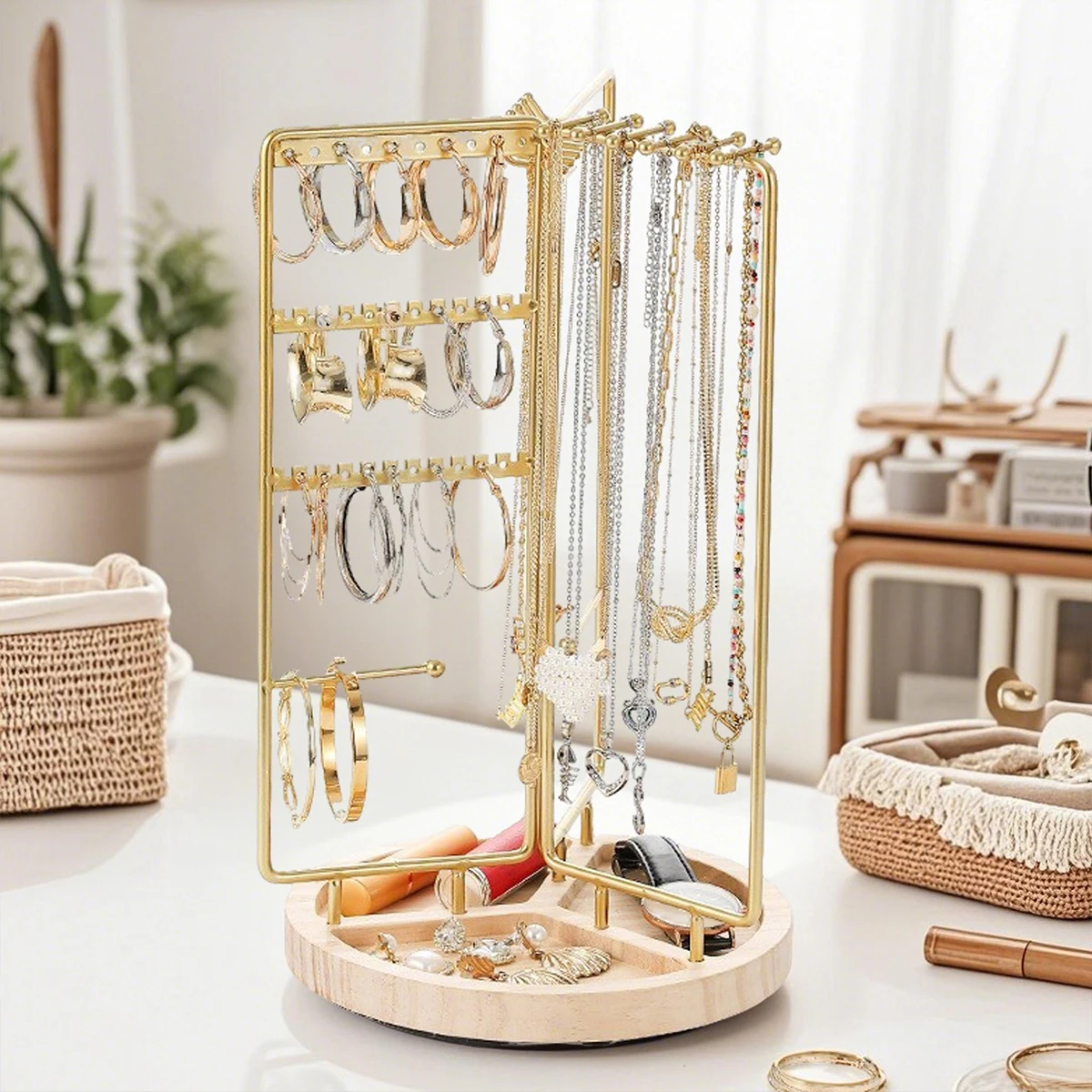 

Iron Jewelry Organizer Stand - Gold Metal Frame & Wooden Base, Foldable & Rotatable, Multi-Compartment for Earrings/Necklaces/Br