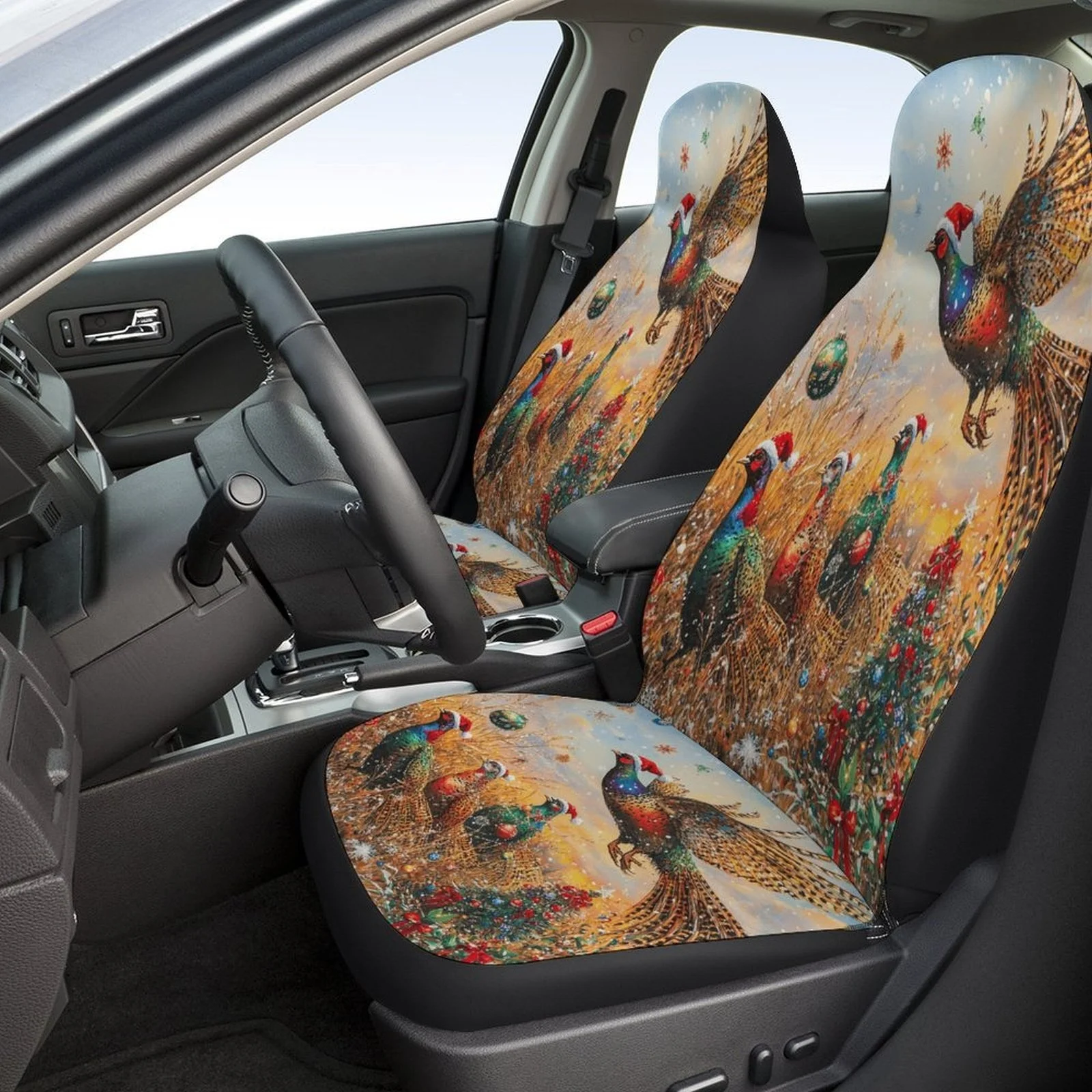 Christmas Pheasants Field Designed Car Seat Covers Set For Most Cars, Trendy Breathable Decorative Car Seat Protector Covers Ful