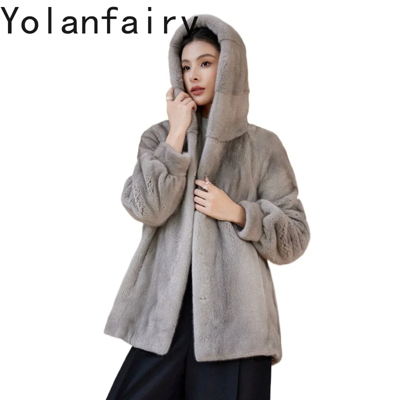 YOLANFAIRY High-end Natural Fur Coat Women Mink Jacket Hooded Winter Mid-length Whole Velvet Mink Fur Coats Luxury Fur Overcoat