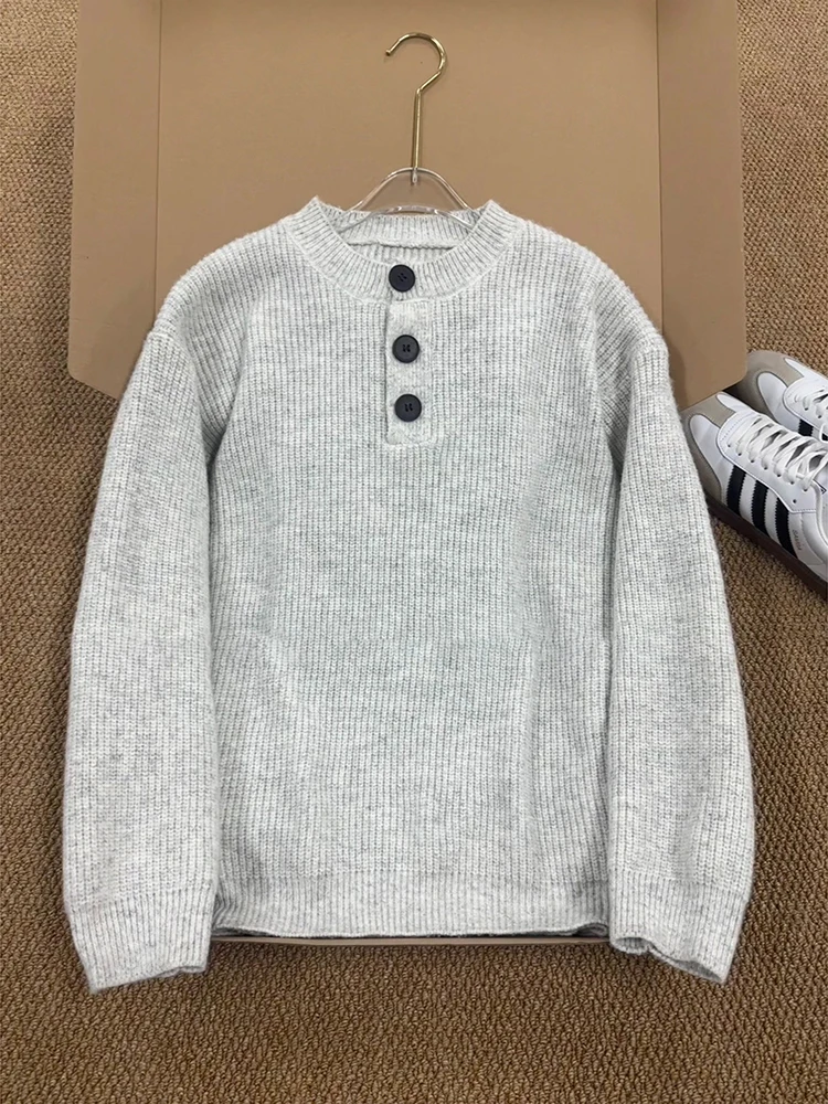 

American Sle Henry Collar Fce Lined Thiened Knitted Sweater Men's Autumn Winter Warm Inner Wear Vintage High End Feeling