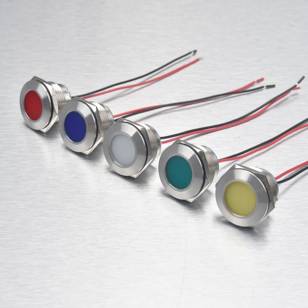 28MM Flat Head Metal LED Inicator Light 3-48V/110V/220V High Brightness Signal Pilot Lamp with 150MM Wire Cable LED Light