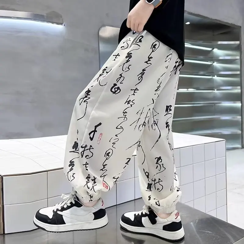 

The Trend Of Children's Summer Lightweight And Breathable Pants With Traditional Chinese Style Calligraphy And Ice Silk Leggings