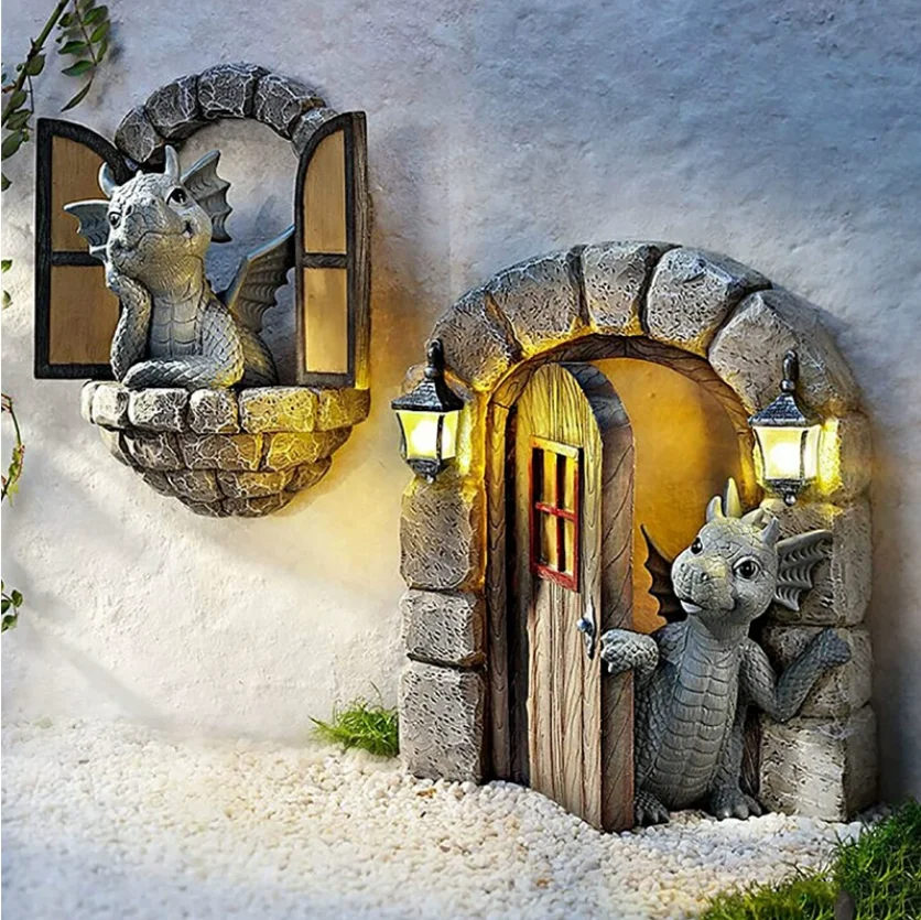 Cute Little Window Dragon Open Door Dragon Resin Dinosaur Crafts Garden Balcony Sculpture Artwork Kindergarten Statue Decoration