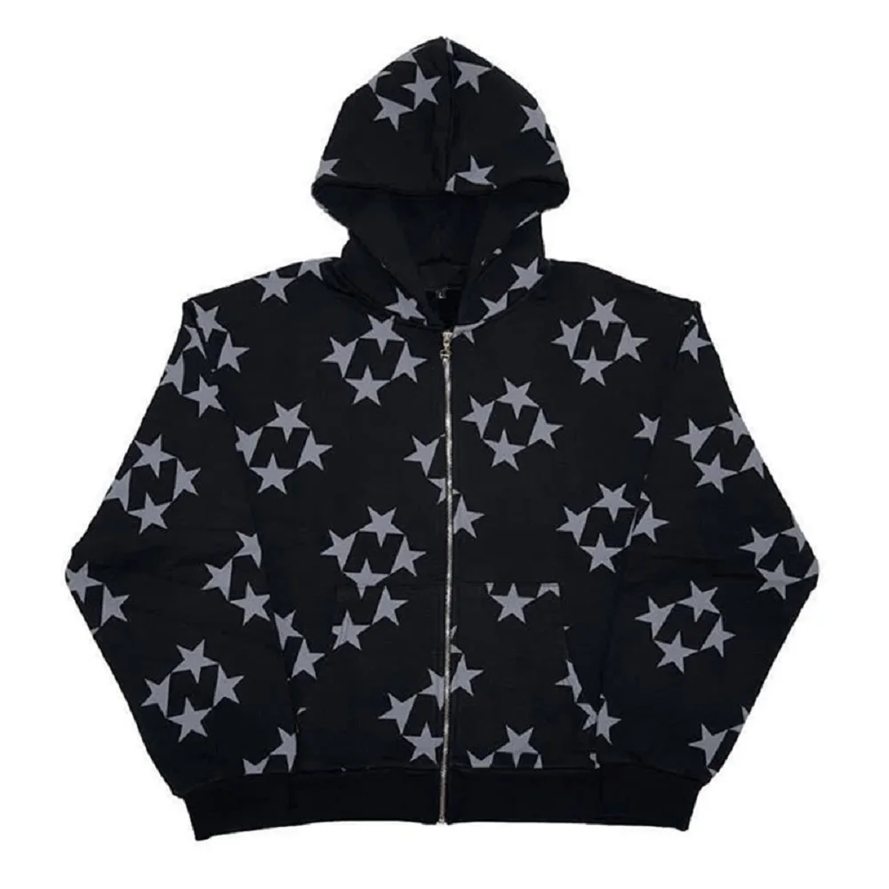 Y2K Aesthetics Retro Black Star Print Pattern Hoodie 2000s Retro Grunge Goth Jacket Coat Gothic Set Clothing Sweatpants EMO