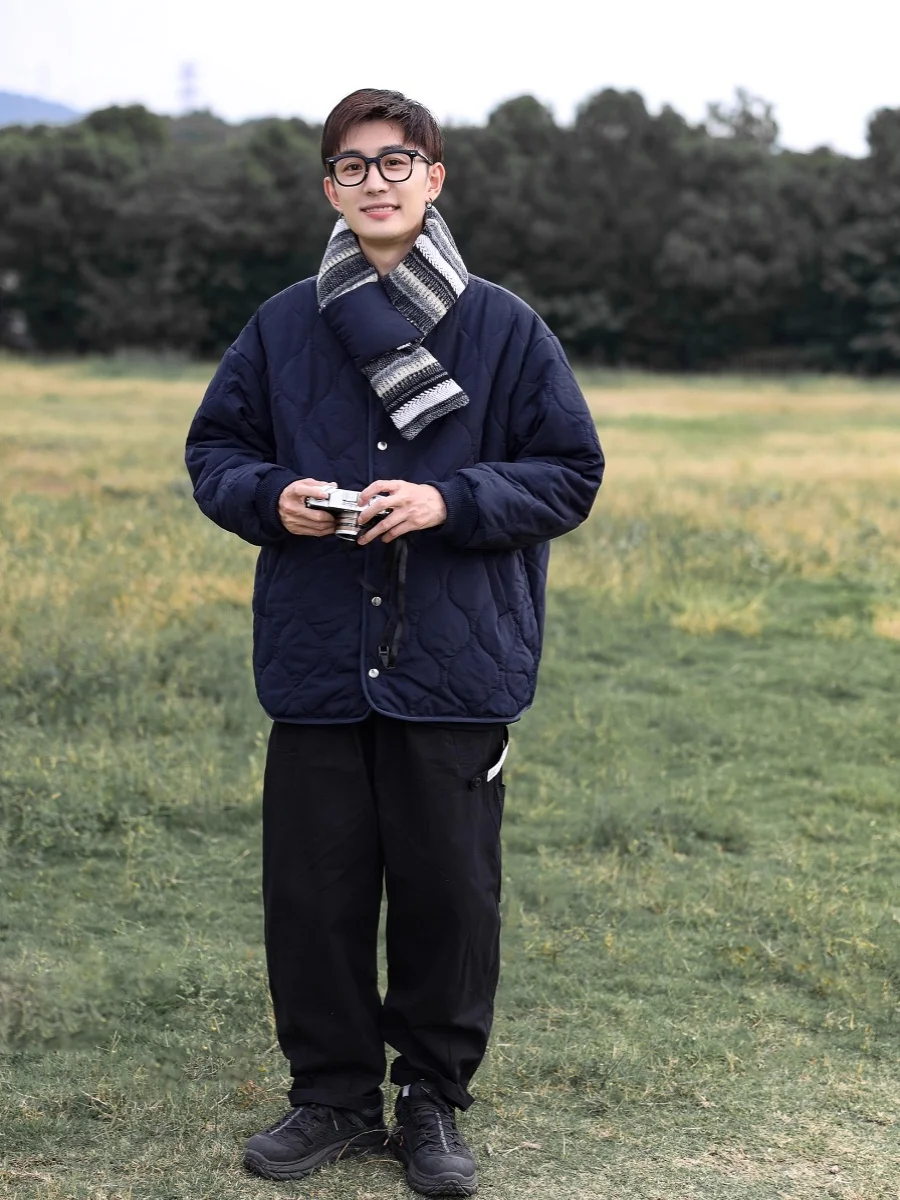 Winter New Style Retro Gourd Stitch Cotton Jacket Men's Woolen Patchwork Double-Sided Wear Cotton Coat Scarf Warmth Thickened...