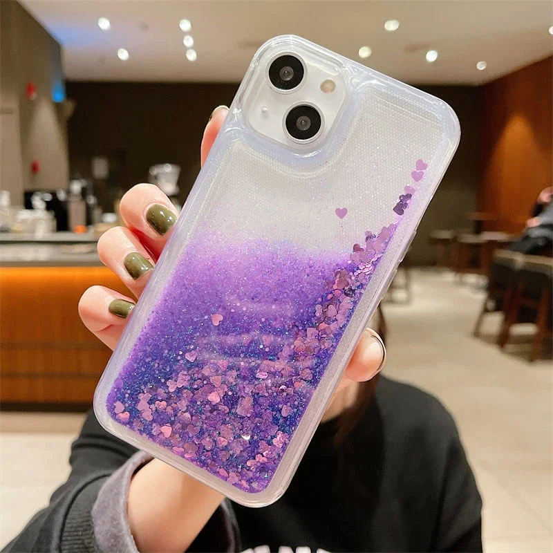 Liquid Soft Silicone Phone Case for iPhone 17 14 16 Pro Max 15 Plus Cover Glitter Quicksand Water Coque Heart Float Sequins Capa