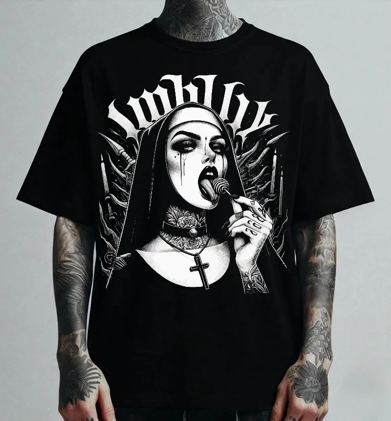 Unholy Nun T-Shirt: Gothic Satanic Halloween Tee Summer Men's and Women's Loose and Breathable T-shirt Top