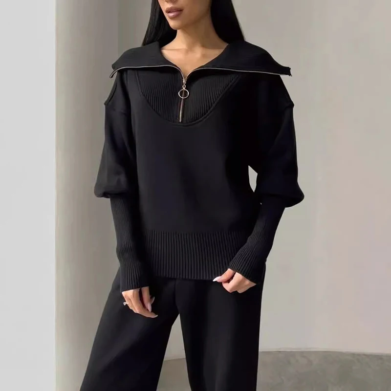 Fall Casual Solid Rib Y2K Two Piece Set Women Zips Lapel Top Sweatshirt High Waist Pants Outfit Winter Long Sleeve Straight Suit