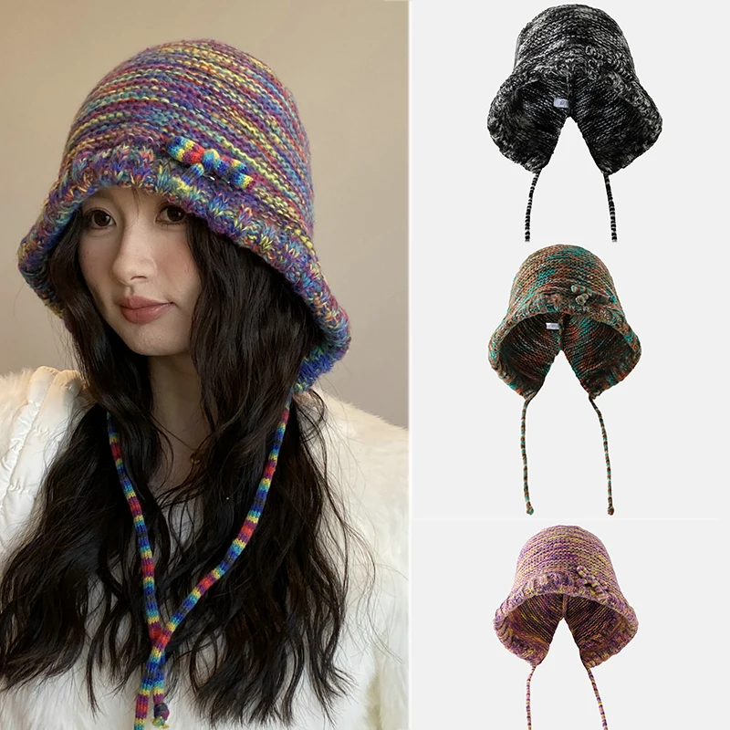 Winter Fisherman Hat Women Windproof Hooded Hat Skullies Colorful Knitted Drawstring Balaclava Outdoor Warm Hat Beanie Cap
