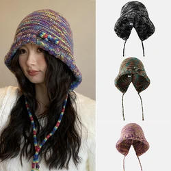 Winter Fisherman Hat Women Windproof Hooded Hat Skullies Colorful Knitted Drawstring Balaclava Outdoor Warm Hat Beanie Cap