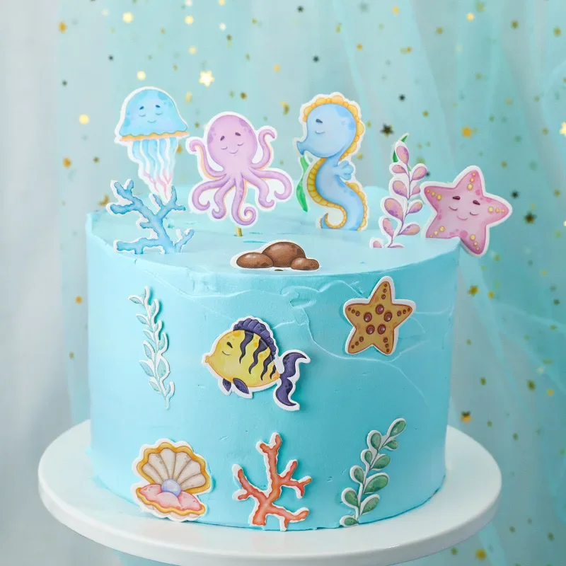 1 Set Theme Ocean Birthday Cake Topper Mermaid Ocean Animals Paper Cupcake Topper for Birthday Mermaid Party Cake Decorations