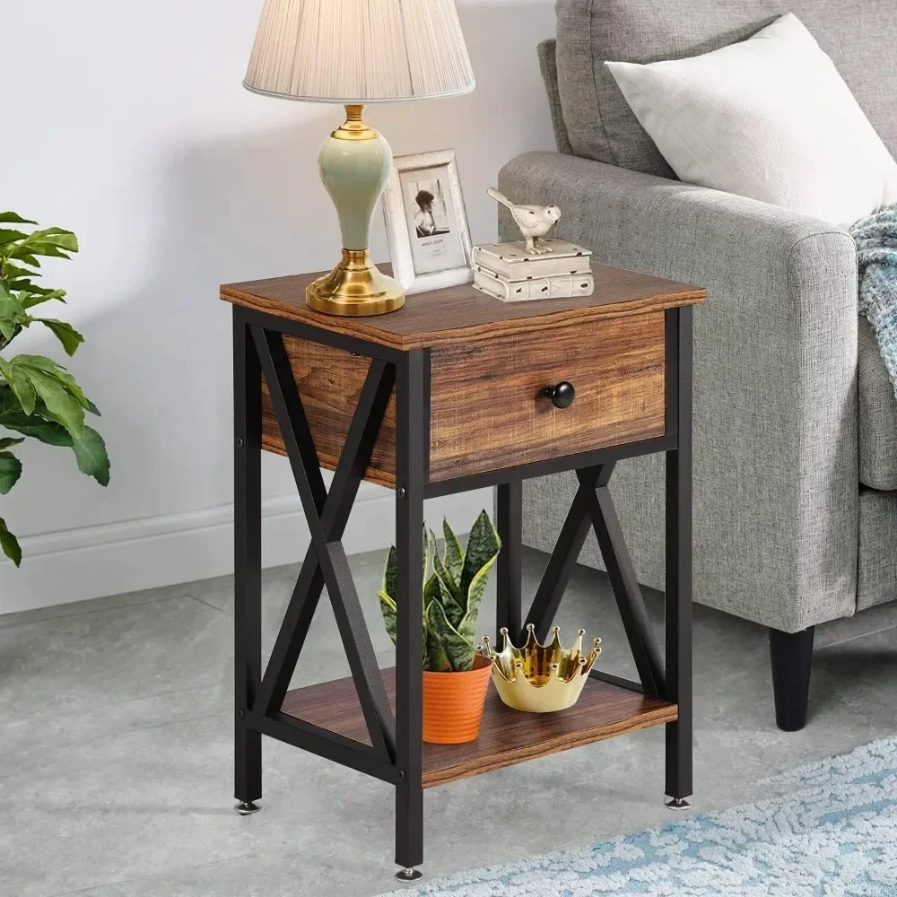 

Coffee table with drawers and shelves 2-piece set, living room bedroom, industrial metal frame, brown coffee table