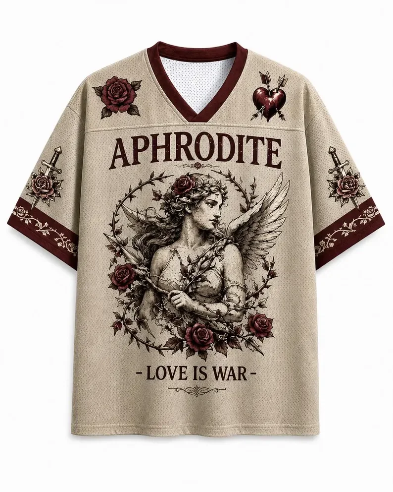 Aphrodite Greek Goddess T-shirt Breathable Mesh V-neck Short Sleeve Khaki Wine Red 11 Rose Retro Knitted Street Top