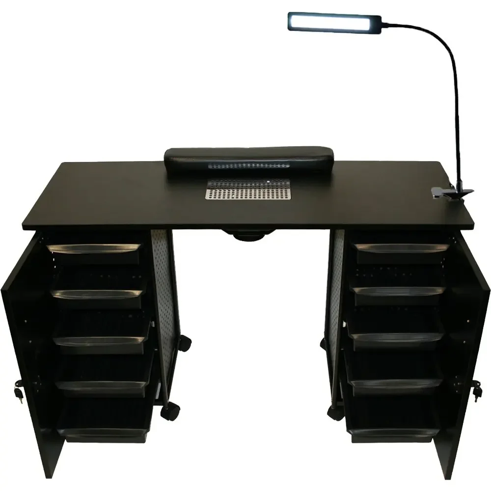 Black Steel Vented Double Storage Manicure Nail Table Desk Salon Spa Equipment Free Give LED Lamp Easy To Clean Plastic Drawers