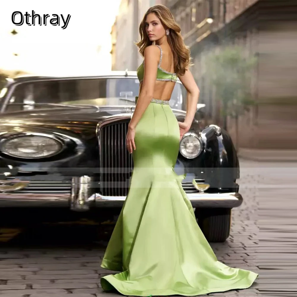 Othray Exquisite Evening Dress Satin Rhinestone Beading Bow Formal Evening Mermaid Spaghetti Strap Long Beaded Evening