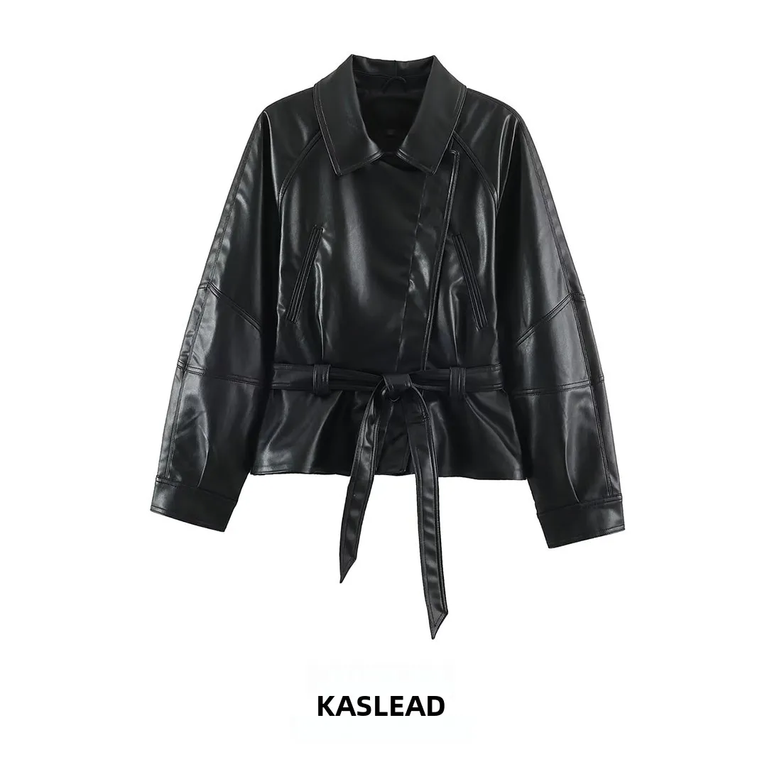 KASLEAD New Women's High-End Leather Effect Belted Jacket 4341843 Long Sleeve Short Style Polyester Fiber 100%