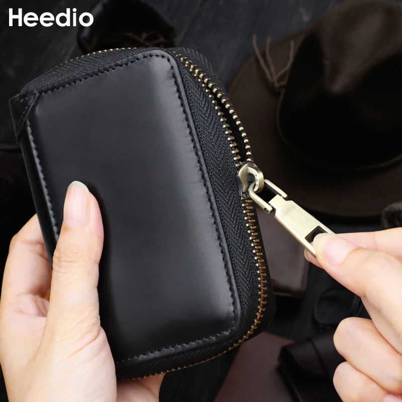 NFC Blocked Credit Card Holder Bag For Men Women Vintage Handmade Genuine Leather Short Card Wallet with Zipper Money Bag