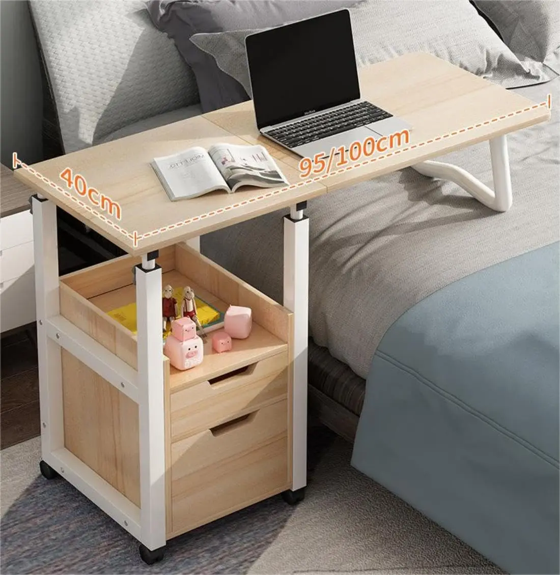 Freestanding Overbed Table with Drawers, Foldable over Bed Desk with Adjustable Height Bedroom Side Table with Wheels Mobile Com