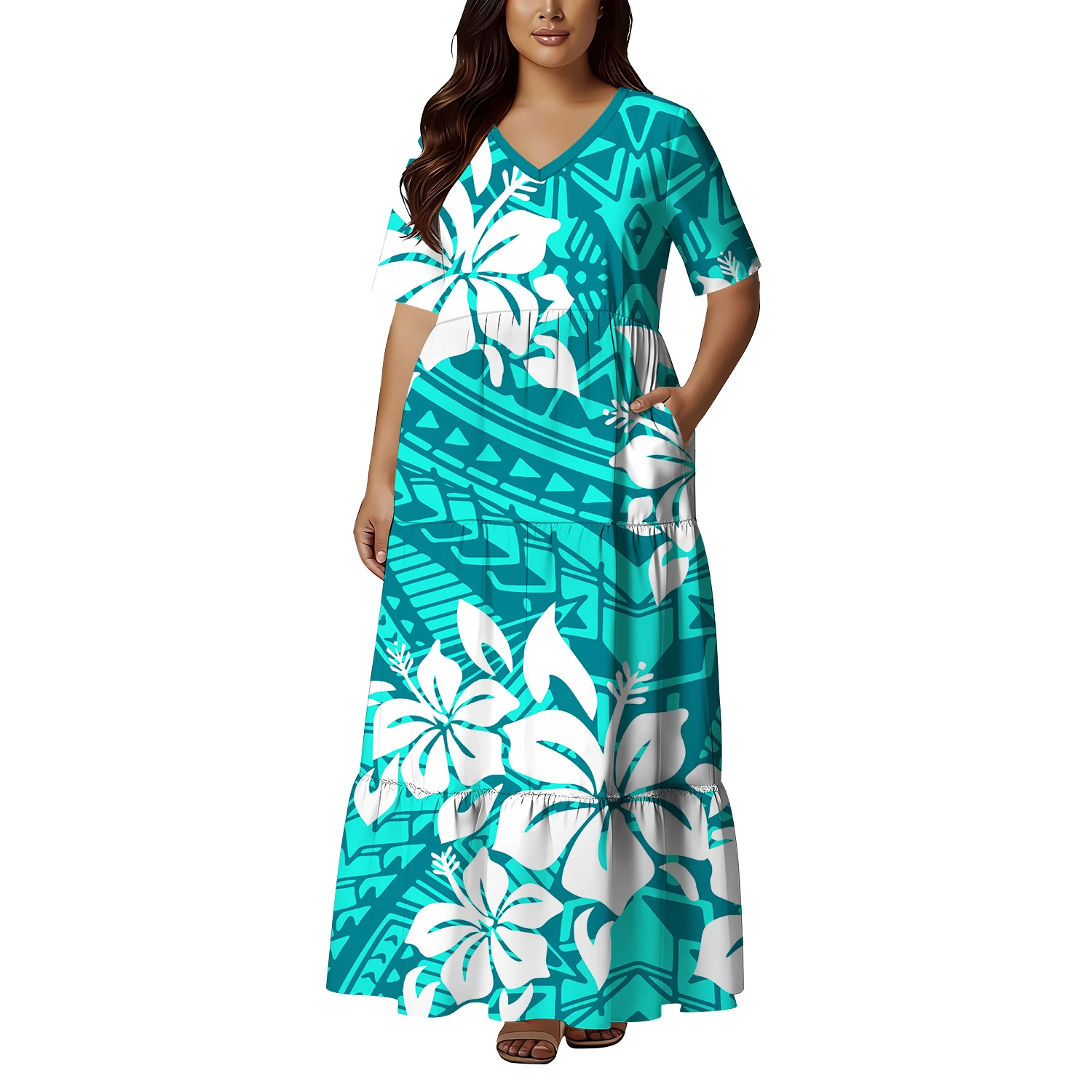 

Summer Style Vacation Style Women'S Pocket Design Tribal Ethnic Pattern Design Polynesian Loose V-Neck Slimming Dress