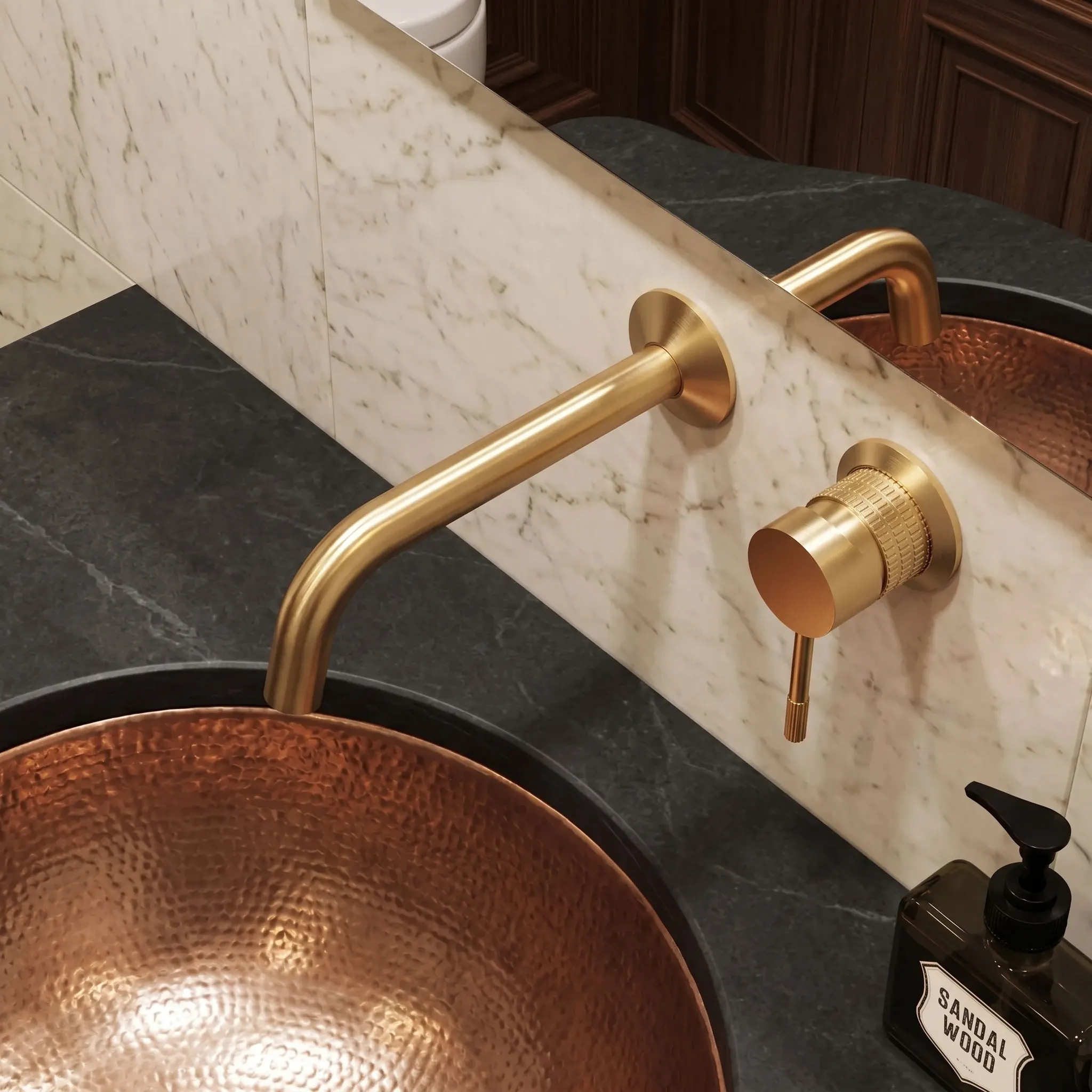Brushed Gold Brass Wall Mounted Basin Faucet Rotating Sink Mixer Tap