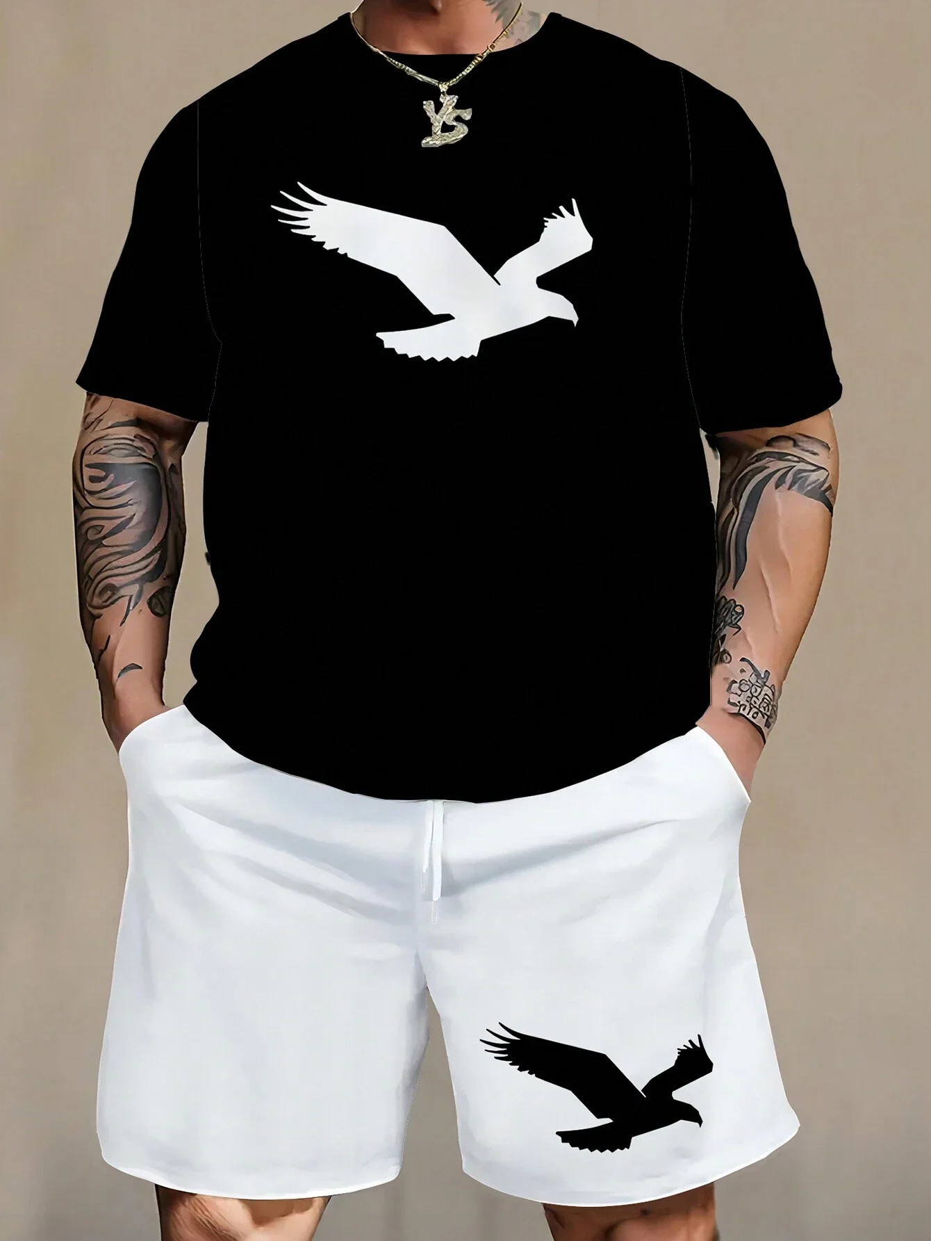 

Men's Dual Eagle Print T-Shirt And Shorts Set Casual Two Piece Outfit